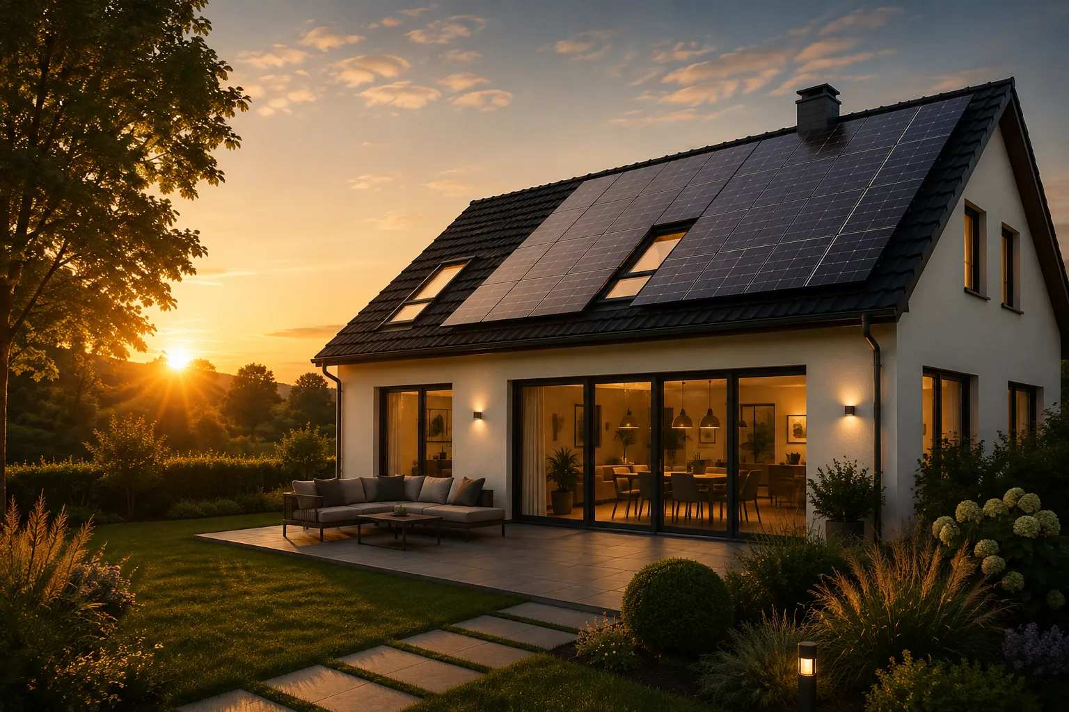 Terrasse eines Einfamilienhauses mit Photovoltaikanlage auf dem Dach in der Abenddämmerung