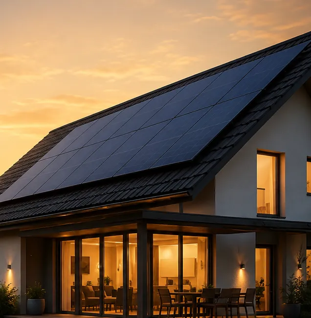 Einfamilienhaus mit Photovoltaikanlage auf dem Satteldach bei Sonnenuntergang